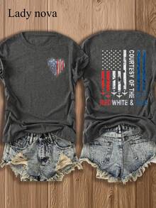 LADYNOVA Double Sided Printing American Flag Country Of The Red White And Blue Lady Nova T Shirt,Summer Outfits For Women, Vacation Outfits Women, Summer Clothes, Festival Outfits,Summer Tops - 深灰色 - 查看 1