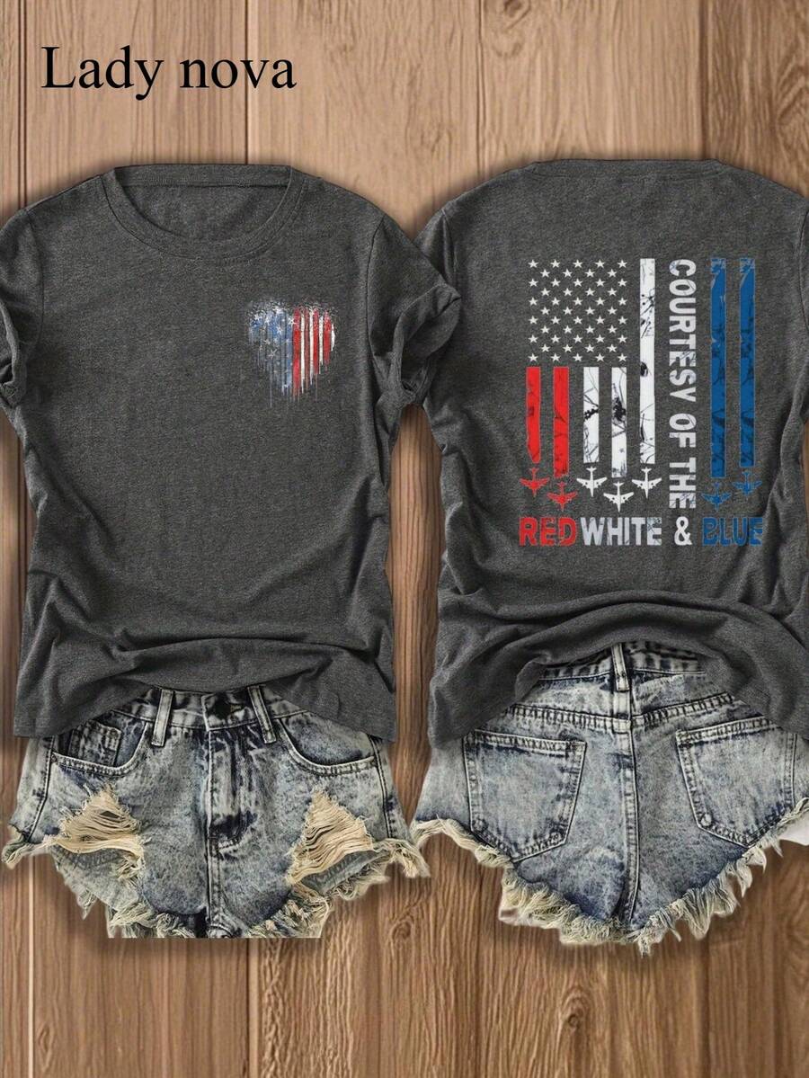LADYNOVA Double Sided Printing American Flag Country Of The Red White And Blue Lady Nova T Shirt,Summer Outfits For Women, Vacation Outfits Women, Summer Clothes, Festival Outfits,Summer Tops - 深灰色 - 查看 1