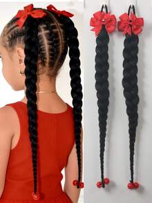 Kids Braids Wig With Bow Braid Ponytail Fake Hair Accessory New Chinese Style Ponytail Wig Hairpiece 2PCS - Black - View 11
