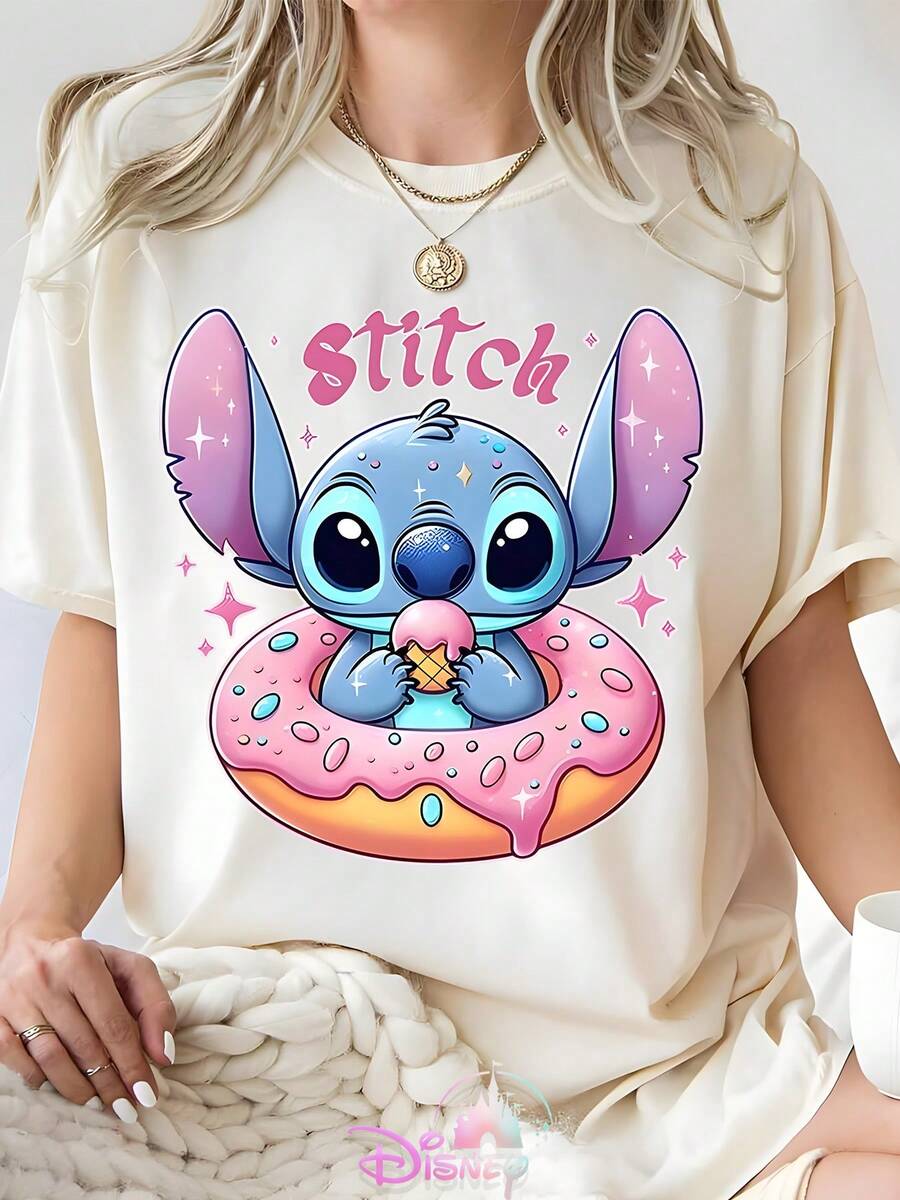Disney Lilo & Stitch Cute Stitch Donut Ice Cream Graphic Oversized T-Shirt, Retro Sweet Vacation Tee For Women - trắng - Xem 1