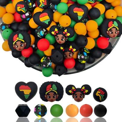 32/56pcs African Fashion Girl Series Silicone Bead Set - African Bun & Afro Girl Design - Suitable For DIY Keychain, Necklace, Bracelet, Decorative Pen, Jewelry And Pendant Crafts - Ideal For Holiday & Birthday Gifts