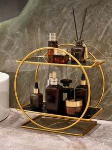 1pc 2-Tier Freestanding Makeup Organizer - Modern Round Vanity Makeup Holder For Skincare, Perfume, Brushes - Bathroom And Vanity Storage Rack, Marble Base, Cosmetic Storage | Elegant Metal Finish | Gold Finish, Makeup Organizer, Room Decor, Storage, Makeup Brush Holder, Perfume Organizer - Multicolor - View 6