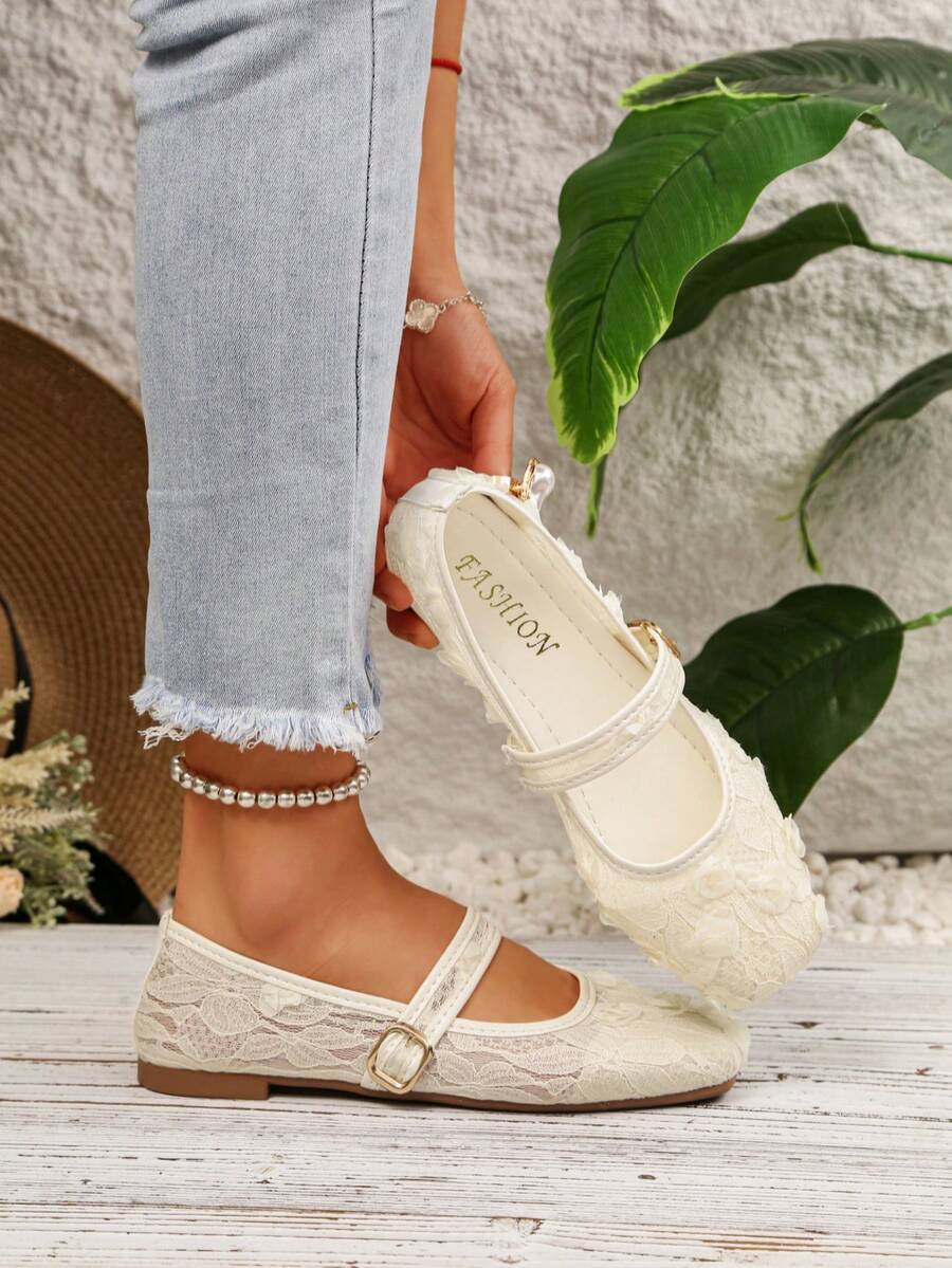 Giày búp bê đế bằng ren kiểu cổ tích đa năng mới dành cho nữ, có quai buộc cổ chân. - trắng - View 1
