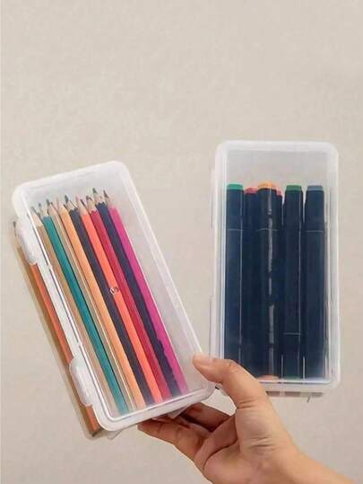 2 Stück transparente PP Staubschutz Aufbewahrungsbox, leichter minimalistischer Stil Aufbewahrungsbox für Make-up, Schreibwaren, Schmuck, stapelbar, geeignet für Büro/Studien Utensilien, Stifte, Bleistifte, Marker, Bastelbedarf, Schreibtisch Aufbewahrung, Kosmetik, Schmuck, Zufallsfarbe (nur Box, Stifte nicht enthalten)