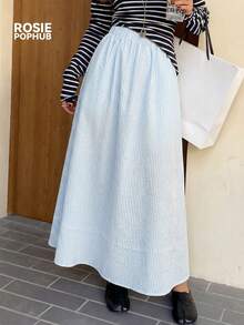 ROSIE POPHUB 女士蓝白条纹拼接长裙，休闲百搭优雅学院风，适合婚礼季、音乐节、春夏冬三季出行，新品上市 - 藍白色 - 查看 4