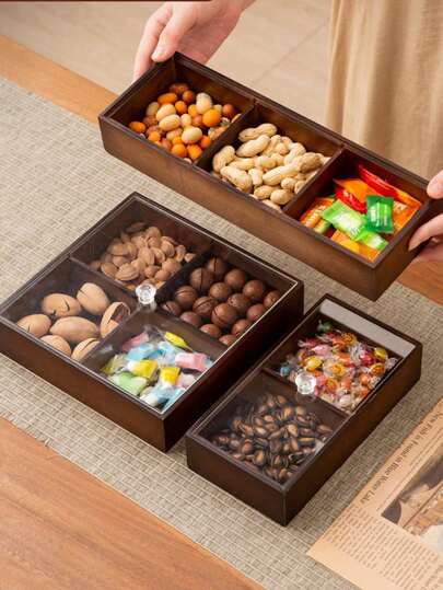 1pc Wooden Tray With Dust Cover Design, Divided Storage Round Service Platter, Cafe Dessert Tray, Storage Dish, Cake And Snack Plate, Suitable For Eid, Valentine's Day, Chinese New Year