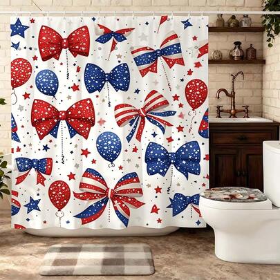 这款喜庆的红白条纹蝴蝶结气球涤纶浴帘，是节日风格的浴室装饰帘，可作为浴室浴帘套装或浴室窗帘使用。浴帘上印满了红、白、蓝三色蝴蝶结和气球图案，充满节日气氛，是浴室装饰的点睛之笔。