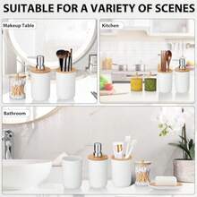 Bộ đồ dùng phòng tắm đơn giản 5 món, bao gồm bình đựng xà phòng lỏng, cốc súc miệng, giá đựng bàn chải đánh răng, khay đựng xà phòng, hộp đựng tăm bông, phụ kiện phòng tắm. - bộ đồ dùng vệ sinh cá nhân - Xem 9