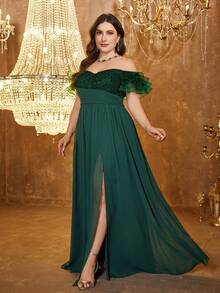 SUPGIR V-Neck Strapless Dress With Ruffle Sleeves, Waist Pleats, Luxury Beaded Patchwork Flared Skirt, Party Occasion Dress - Dark Green - View 3