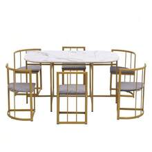 Six-Seater Dining Table And Chair Set: (White Table, Chairs With Gray Backrests And Upholstery, Gold Iron Frame), Dining Table And Chair Set, Modern Dining Table And Chair Combination - Mustard Yellow - View 6