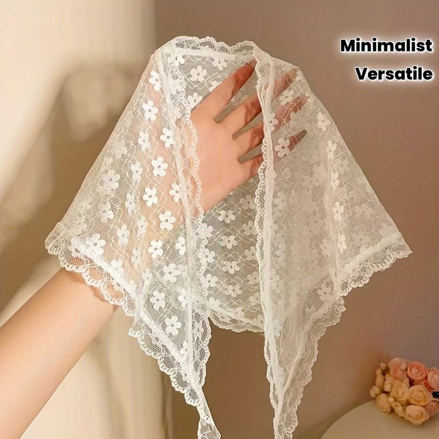 Un pañuelo triangular de encaje blanco simple y versátil con diseño floral multifuncional - [Blanco] - Ver 1