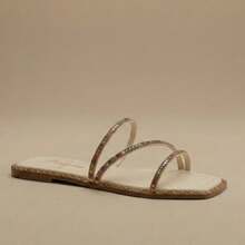 Set Of 2 Pairs Of Women's Flat Sandals With 3 Straps, Colorful Rhinestone Glitter, Comfortable, Soft, Lightweight, Square Toe. - Black/Caramel - View 6