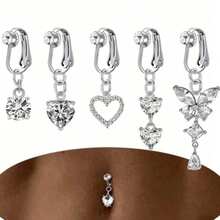 3/5pcs New Clip-On Fake Belly Button Rings, Women Faux Navel Rings, No Piercing Required - Multicolor - View 1