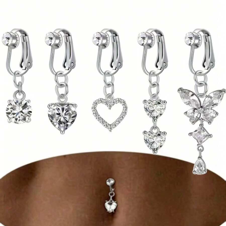 3/5pcs New Clip-On Fake Belly Button Rings, Women Faux Navel Rings, No Piercing Required - Multicolor - View 1