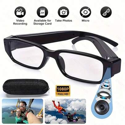 配备人工智能的智能眼镜，支持视频录制；高清眼镜，内置64GB存储卡；男女通用，可更换近视镜片，并配备1080P摄像头。
