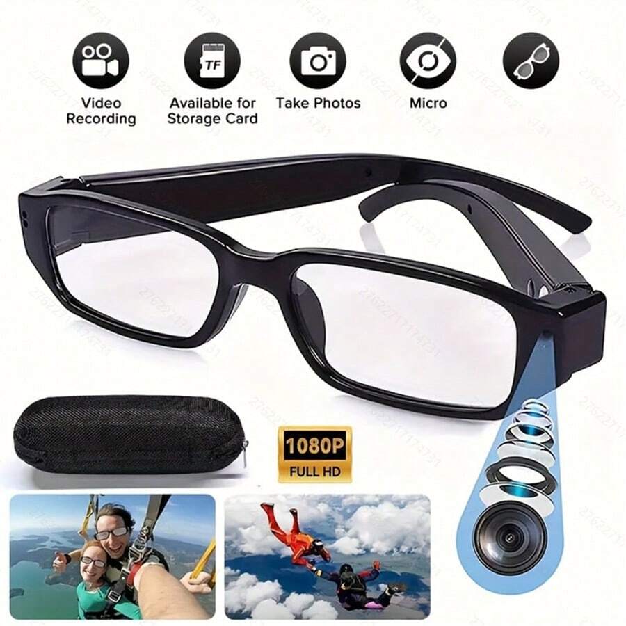 配备人工智能的智能眼镜，支持视频录制；高清眼镜，内置64GB存储卡；男女通用，可更换近视镜片，并配备1080P摄像头。