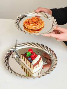 1个欧式不锈钢螺旋边托盘，下午茶蛋糕水果盘，甜点盘，家用餐桌托盘 - 銀色 - 查看 3