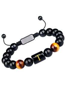 1条流行海外天然石男士编织手链，不锈钢26字母，黑曜石，虎眼石串珠腕带 - 手鍊 - 查看 20