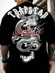FRACTYR Men's Summer Casual Street Fashion English Black & Red Dragon Graphic Double-Sided Loose Fit Round Neck Short Sleeve T-Shirt - Black - View 2