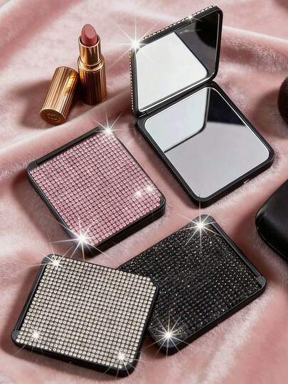 1pc Square Makeup Mirror, New Ins Style Creative Luxury Sparkling Diamond Portable Double-Sided Folding Lipstick Mirror Makeup Tool, Suitable For Touching Up Makeup On The Go, Sparkling Crystal Portable Folding Compact Square Mirror With Embedded Diamonds, Double-Sided High Definition Pocket Mirror, Available In Multiple Diamond Styles, Suitable As Valentine's Day/Mother's Day Gift