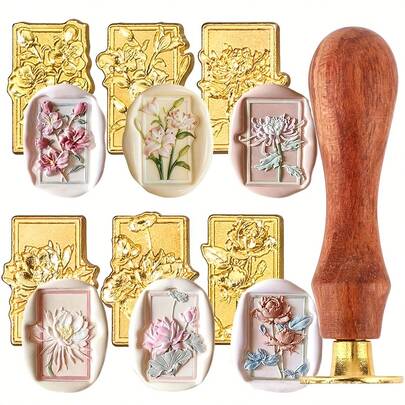 6pcs Floral Wax Seal Stamp Set, Wax Seal Stamps With Detachable Wooden Handle, Floral Wax Seal Stamp Set, Vintage Wax Seal Stamp Set, Suitable For Wedding, Birthday, Party, Envelope, Invitation, Gift Packaging Decoration