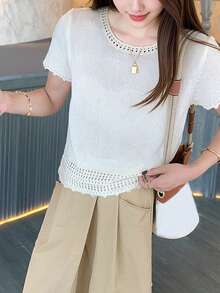 Alicedudu Women's Casual Ruffle Trim Round Neck Short Sleeve Top, Summer - Beige - View 3