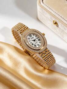 1pc Luxury Elegant Women's Quartz Watch Oval Dial With Classic Roman Numerals & Double Layer Rhinestone Bezel Polished Gold-Tone Case Premium Alloy Material Exquisite Metal Bracelet Strap - White - View 2