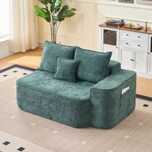 Comfortable 2-Seater Sofa, No Assembly Required, Plush Sofa With Cushions And Side Pockets, Green - Green - View 1