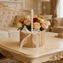 Artificial Woven Flower Girl Basket With Pearl Hand Grip Small Rattan Present Basket Decorative Picnic Hamper - 黃色 - 查看 2