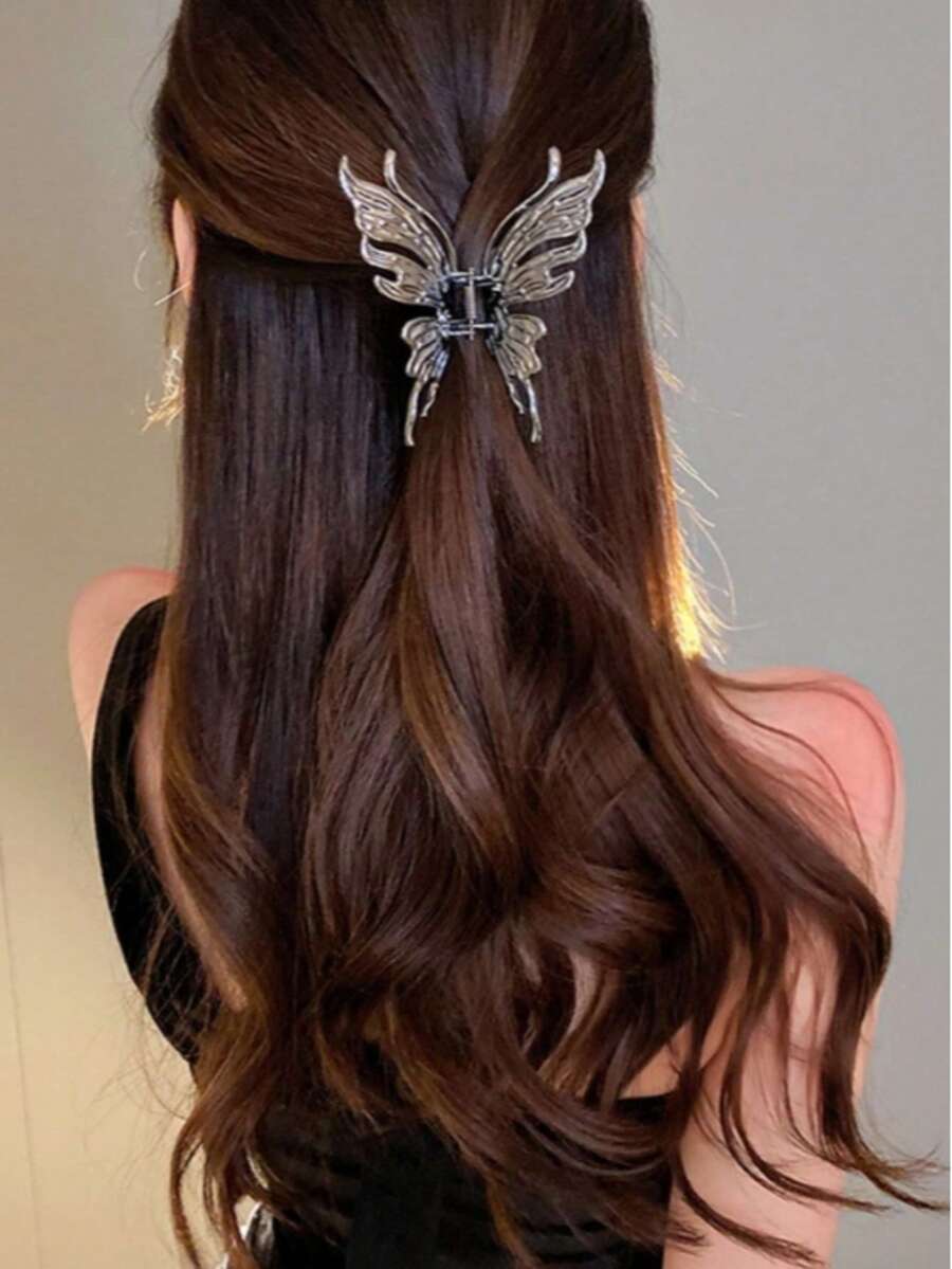 1 pièce Pince à cheveux en métal liquide argenté en forme de papillon, épingle à cheveux élégante, accessoire de cheveux mi-relevés doux et cool pour fille, épingles à cheveux d'été, plage, vacances, voyage - Argent - Voir 1