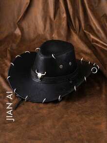 1pc Unisex Vintage PU Leather Metal Decor Embellished Western Cowboy Panama Hat Sun Hat Jazz Hat Cowboy Hat Soft Felt Hat Fedora Hat, Can Be Worn All Seasons - màu đen - Xem 5