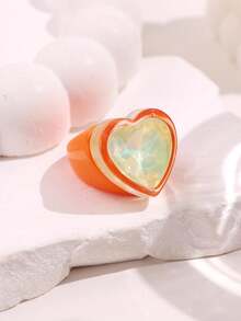彩色心形水晶树脂戒指，夸张大号糖果色树脂戒指，时尚个性春季派对饰品，千禧年风格配饰 - 彩色 - 查看 12