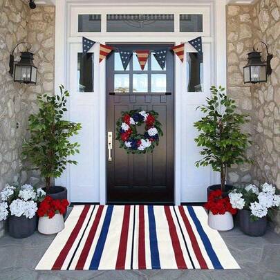 1 Piece Of Patriotic Rug April 7th - Blue, White, And Red Striped Stars And Stripes Design, Durable Rustic-Style Porch Decoration, Independence Day Summer Entrance Decoration, Easy To Clean Z9UR
