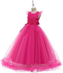 Vintage Lace Party Dress For Girls - Boho Style Maxi Gown For Pageant, Wedding & Celebration - 玫紅色 - 查看 2