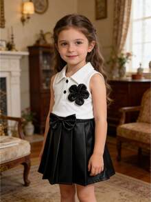 Toddler Girls' Fashionable Casual Cute Set, Floral Sleeveless Half-Open Collar Blouse + Bowknot Pleated PU Leather Skirt - White - View 3