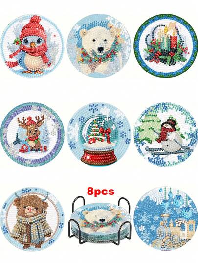 Bộ 8 đế lót ly tranh đính kim cương DIY chủ đề mùa đông, bề mặt kim cương tròn sáng bóng, keo dính chắc chắn kèm đầy đủ dụng cụ, dễ dàng cho người mới bắt đầu, đồ thủ công giúp giảm căng thẳng, quà tặng năm mới, Ngày Valentine, Giáng sinh, Ngày Nhà giáo, đồ trang trí nhà cửa, đế lót ly để bàn cho gia đình, bạn bè, người yêu, giáo viên.