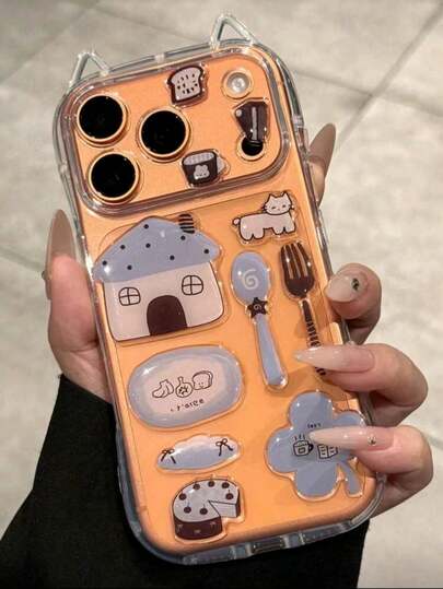 Cute And Fun Bear, Snowman, Tree Pattern Stickers, Compatible With IPhone 17 Pro Max, 17 Pro, 17, 16 Pro Max, 16 Pro, 16, 15 Pro Max, 15 Pro, 15, 14 Pro Max, 14 Pro, 13 Pro Max, 12 Pro, 12, 11. Creative Cat Ear Anti-Drop Transparent Protective Cover, Designed For Girls