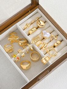 20/15/7pcs Vintage, Elegant Multi-Piece Stackable Rings, Fashion Minimalist Sophisticated Retro Design With Floral, Faux Pearl, Geometric, Ruffle Texture, Liquid Drop, Irregular Shape, Faux Gem, Sparkling, Heart, Wave, Hollow, Hammered, Smooth, Minimalist, Metal Chunky Rings Set, Suitable For Holiday, Party, Date, Gift, Daily Wear - Yellow Gold - View 5