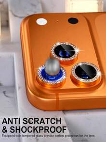 3 piezas Protector de lente de cámara para iPhone 17 Pro/17 Pro Max, Cubierta de lente de vidrio templado 9H, Accesorio de anillo decorativo de metal, Diamante naranja - Naranja - Ver 4