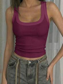 Vaiaye 女士 U 领修身休闲吊带背心，简约复古纯色背心，夏季时尚露背针织吊带背心，休闲百搭，简约日常穿着 - 紫紅色 - 查看 6
