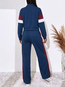 2pcs Women Casual High Collar Sweatshirt And Sports Pants Set With Zipper And Drawstring - Navy Blue - View 4