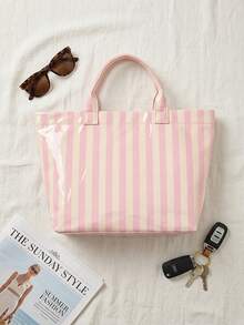 1个女士条纹透明手提包，大容量亮面PVC单肩包，轻便防水沙滩包，夏季旅行购物通勤手提包，休闲时尚手提包，适合日常通勤和旅行 - 彩色 - 查看 3