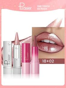 Pudaier 2支装金属头唇膏和哑光唇膏套装 - 高显色度、持久防水唇膏 - 圣诞节、感恩节和新年送给女性的理想美妆礼物 - 完美勾勒唇形，打造柔滑细腻的妆效 - 18+02 - 查看 2