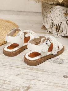 1双女童珍珠蕾丝边凉鞋，柔软合成革材质，防滑耐穿，露趾魔术贴搭扣，方跟，优雅公主风，适合夏季日常穿着 - 白色 - 查看 4