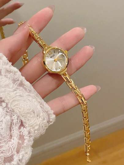 1件 时尚创意百搭小巧个性化女士椭圆形石英表，椭圆形简约表盘，珍珠母贝表盘/水晶，适合日常佩戴和节日礼物