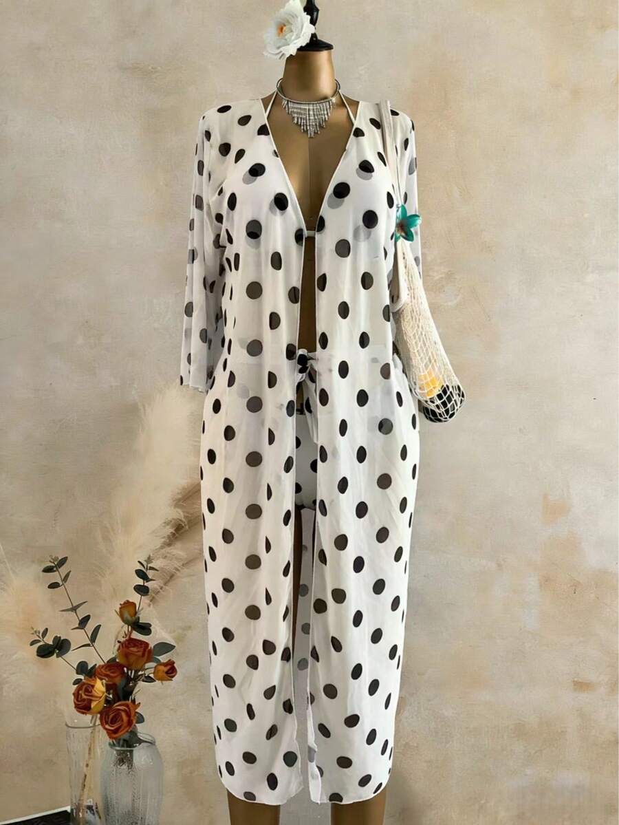 3pcs Polka Dot Bikini Set, Cardigan Cover Up, Sexy Cute Beach Outfit - White - View 1