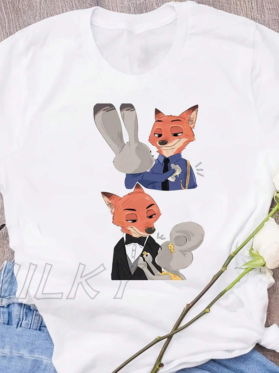 Zutopia 2 Comics Nick Wilde And Judy Hopsprint New Style T-Shirts Fashionable Loose Casual Short-Sleeved T-Shirts For Women