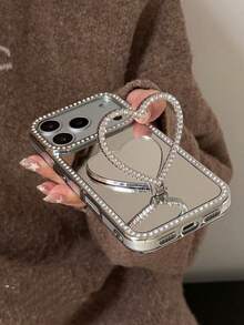 1pc Luxury Rhinestone Bling Glitter Heart Ring Holder Mirrored Phone Case Compatible With IPhone 17 16 15 14 Pro Max Silicone Cool - Silver - View 1