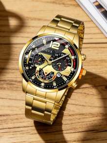 4pcs Fashion Business Leisure Men's Watch, Large Dial Round Gold Steel Strip Quartz Watch, Cross Pendant Necklace Jewelry Set, Suitable For Daily Wear - Gold - View 4