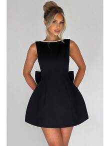 New Summer Women's Pearl Bow Back Fashionable Slim Fit Short Dress Hot Girl A-Line Dress - màu đen - Xem 7